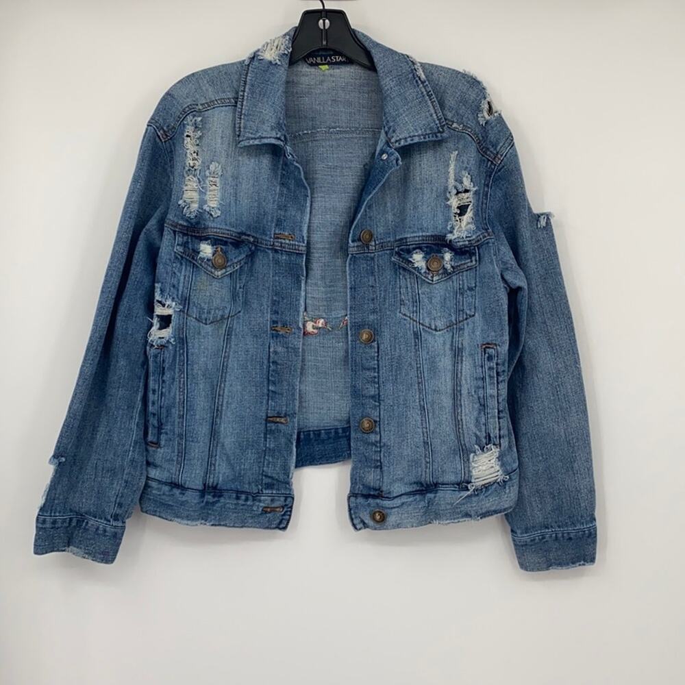 Vanilla Star Junior Blue Denim Distressed  Jacket Size Small